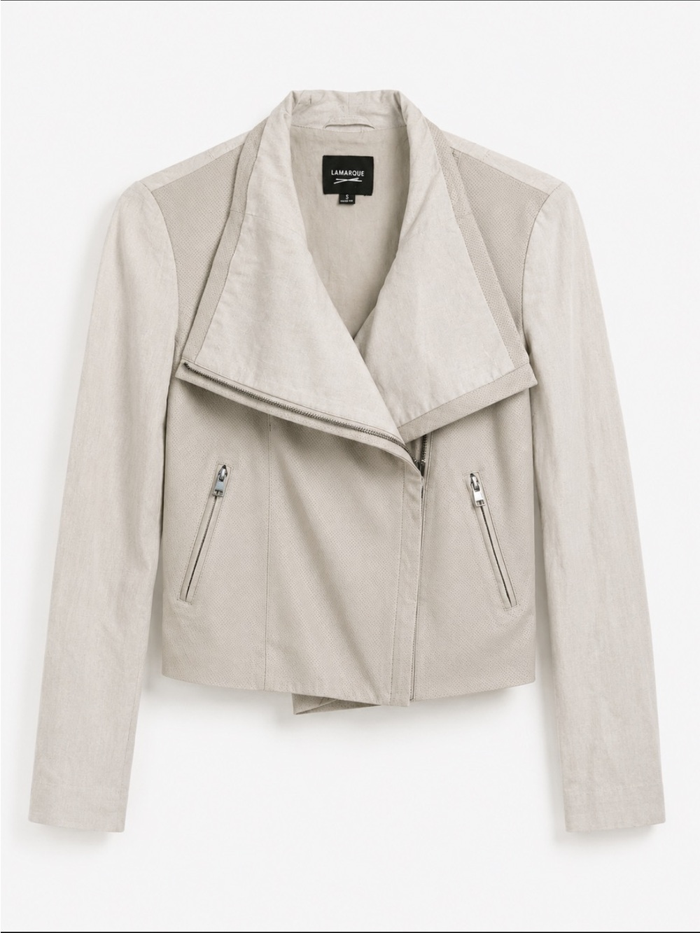 LAMARQUE Mixed Media Perforated Leather Front Moto Jacket Cream Small Like New!